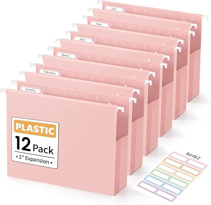 Sooez Extra Capacity Plastic Hanging File Folders, File Organizer | 12 Counts Expanding File Folders Letter Size with 2" Expansion, 1/6-Cut Adjustable Tabs for File Cabinet, Drawer, Pink