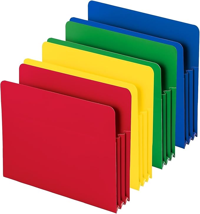 Smead Poly File Pocket, Straight-Cut Tab, 3-1/2" Expansion, Letter Size, Assorted Colors, Pack of 4