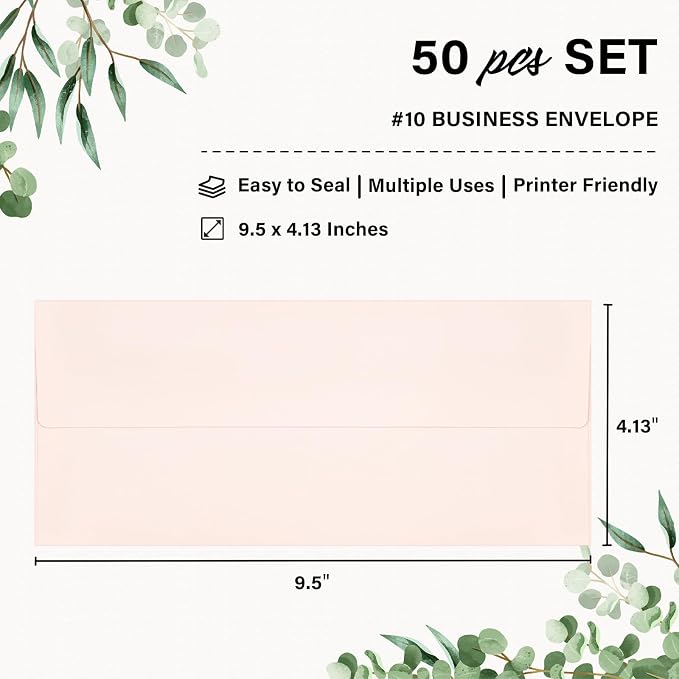 50 Pack #10 Light Pink Envelopes Letter Size Self Seal Business Envelopes | Security Mailing Cute Envelopes, lined with rose gold foil, 4 1/8 x 9 1/2 Inches