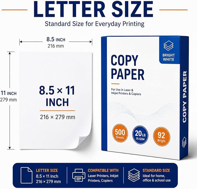 Copy Paper 8.5 x 11 Inch, 20 lb (75 GSM), 92 Bright White, 500 Sheets, Multipurpose Printer Paper for Laser & Inkjet Printers, Copier, Home, Office 1 Ream