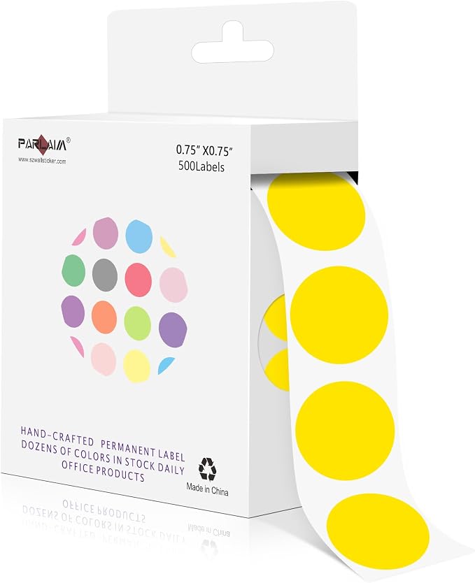 PARLAIM 3/4 Inch Color Coding Label Stickers,500PCS Circle Inventory Sticky Dots Sticker in Dispenser Box,Yellow Adhesive Round Dot Labels for Office Home (Yellow)