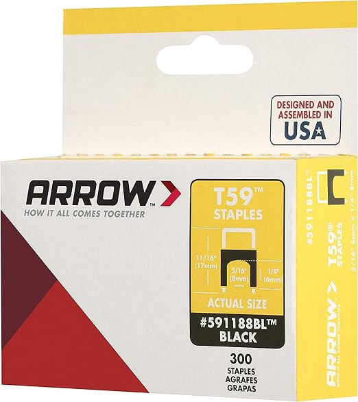 Arrow 591188 Genuine T59 Steel 1/4-Inch by 5/16 Crown Width Insulated Staples for Cable and Wiring, Black, 300 Count