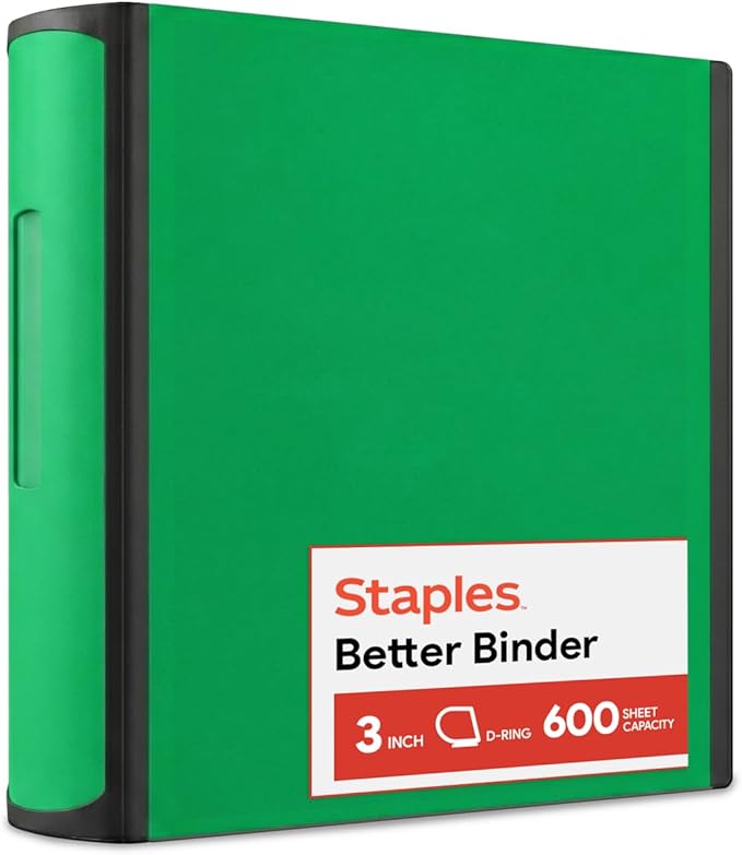 Staples Heavy-Duty 3-Inch D-Ring Binder, Green – Large Capacity 3-Ring Binder with Pockets, Holds Up to 600 Sheets