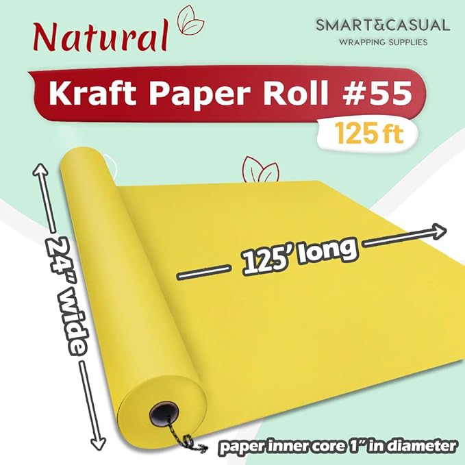 SMART&CASUAL 24" x 1,500" (125') Lemon Yellow Kraft Craft Paper Roll for Gift Wrapping Bulletin Board Bouquet Flower Kids Art Packing Parcel Table Covering 80GSM 55LB (Lemon Yellow, 24" x 125')