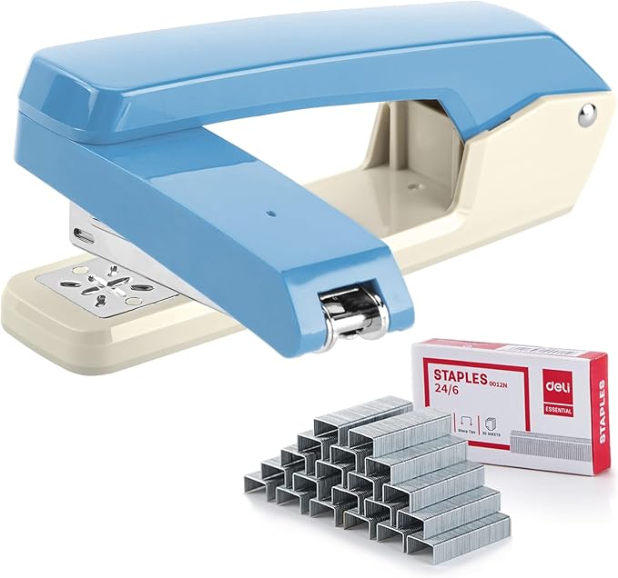 Deli/EZWORK Swing-Arm Swivel Stapler, 25 Sheets Capacity, 360 Degree Rotate Desk Staplers with 1000 Staples for Booklet or Book Binding, Blue+White