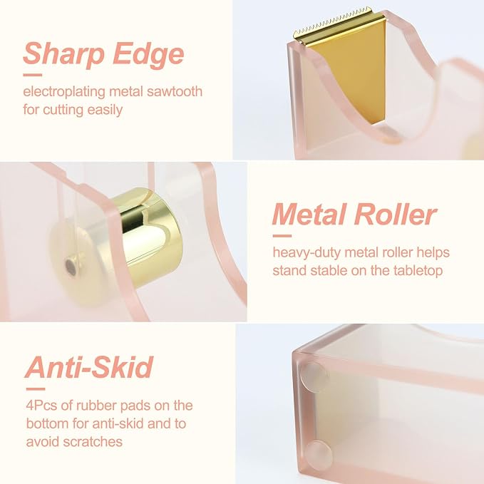 MultiBey 1-Inch Core Clear Acrylic Pink Gold Tape Dispenser Desk Set | Heavy Duty Stapler with 950Pcs Rose Gold Staples, Acrylic Scissors, Stationery Set for Home Office & School Supplies