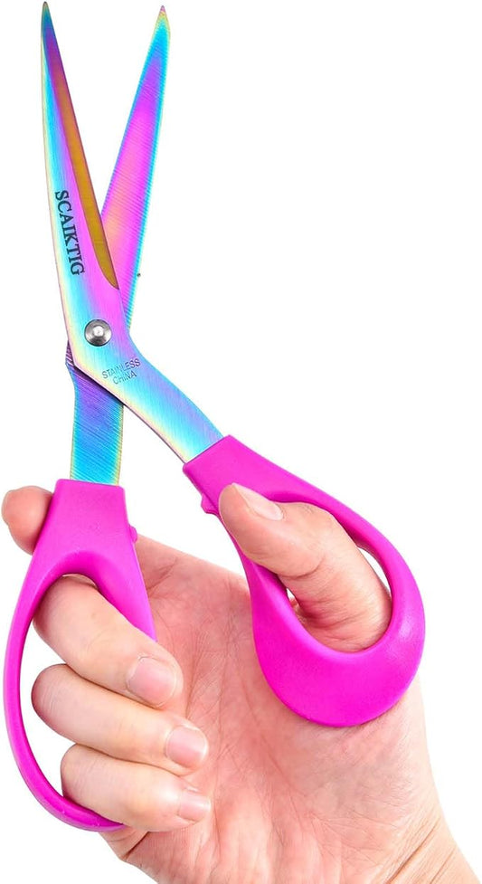 SCAIKTIG 8.5“ Bent Fabric Scissors All Purpose Sharp Heavy Duty, Bent Shears for Sewing Crafting Cutting Clothes, Felt, Leather, Paper Supplies, Pink Handle, Titanium Coating Blades