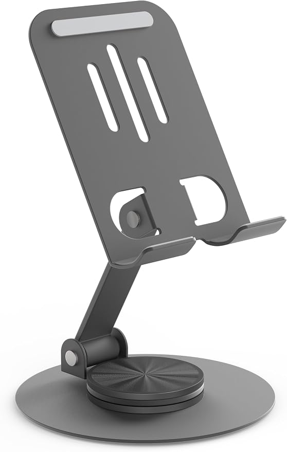 Metal Cell Phone Stand for Desk, Multi-Angel Adjustable 360° Rotation Desktop Phone Holder and Foldable Mobile Phone Stand, Compatible with iPhone 17 16 Pro Max and All Smartphones, Gray