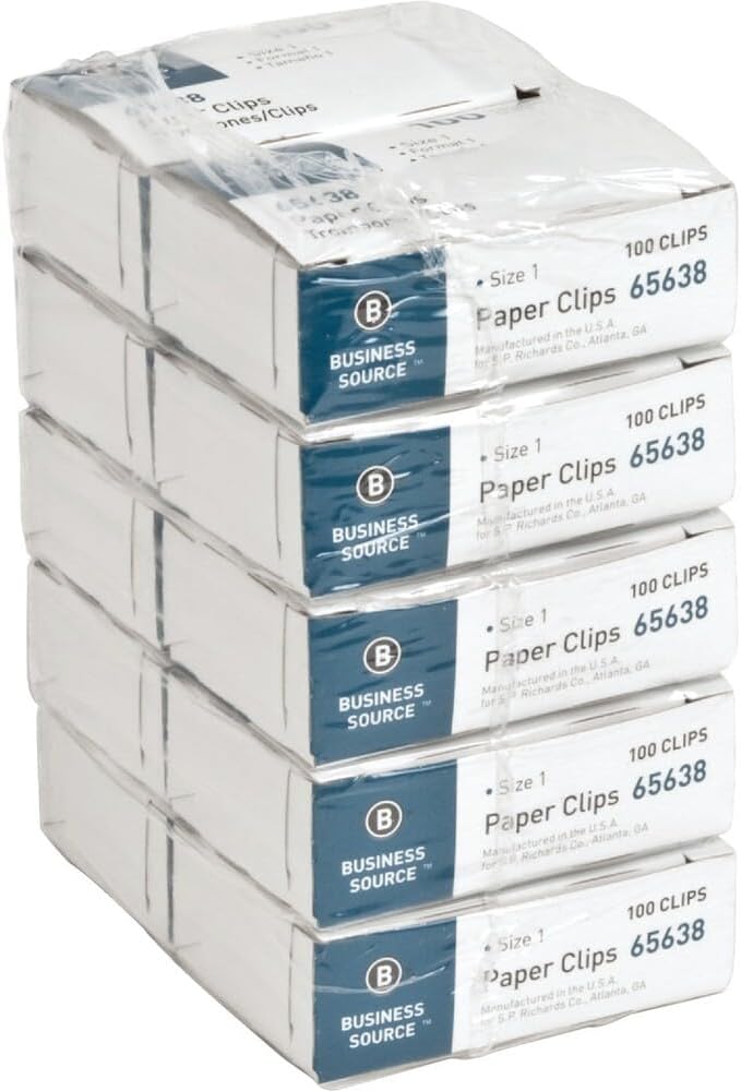 Business Source Paper Clips, Size 1, Regular, .033 Wire Gauge, 100/Box, 10 Boxes Total