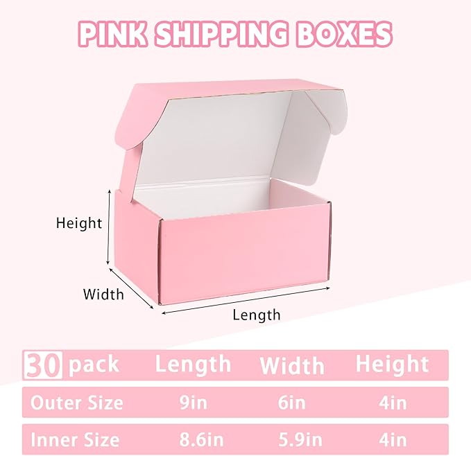 FORBFAN 9x6x4 Pink Shipping Boxes 30 Pack, Mailer Boxes for Packaging Small Business, Cardboard Boxes for Shipping Moving Mailing