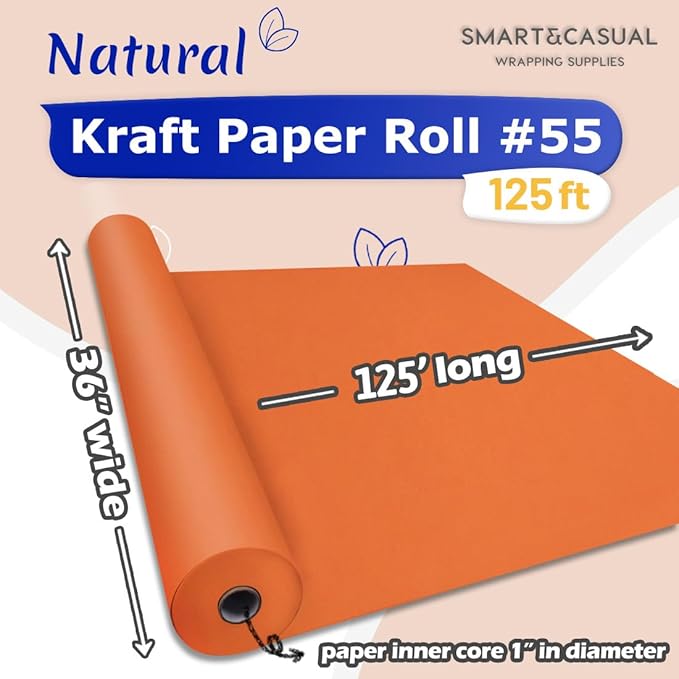 SMART&CASUAL 36" x 1,500" (125') OrangeRed Kraft Craft Paper Roll for Gift Wrapping Bulletin Board Bouquet Flower Kids Art Packing Parcel Table Covering 80GSM 55LB (OrangeRed, 36" x 125')