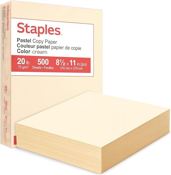 Staples Pastel Recycled Copy Paper, Cream, 20 lb., 8.5" x 11", 500 Sheets – 30% Recycled Multipurpose Paper for Printing & Documents