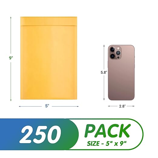 Kraft Bubble Mailers 5 x 9 Inch Yellow, Padded Envelopes Self Seal, Pack of 250, Bubble Lined Kraft Paper Mailing Envelopes for Shipping