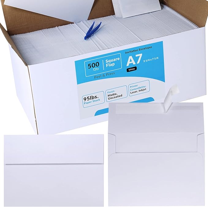 500 Pcs White A7 Invitation Envelopes 5 1/4 x 7 1/4 Square Flap Envelopes Self Seal 95lb for Wedding Shower Birthday Bussiness Graduation Mailing Invitation Announcement 5 x 7 Greeting Cards Photos