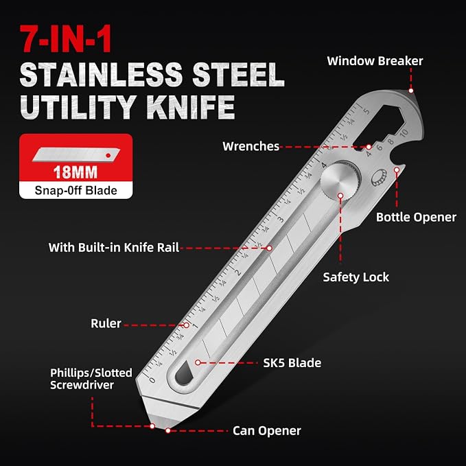 BECOWIN 2PC 7-in-1 Stainless Steel Utility Knife, 18mm Snap-Off Box Cutter | Retractable Metal Utility Knife with Built-In Ruler, Multi Tool Design, Perfect for DIY, Garage, Workshop and Daily Cutting
