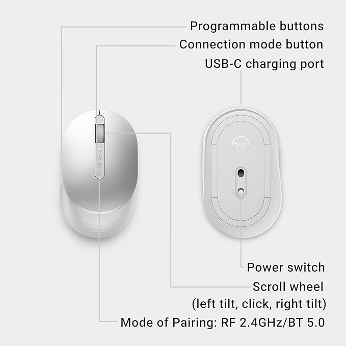 Dell Premier Rechargeable Wireless Mouse - MS7421W - Silver - Wireless, 7 Buttons, Adjustable at 1000, 1600 (default), 2400 and 4000, Six Months of Battery Life