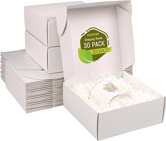 FORBFAN 8x8x3 Shipping Boxes, 30 Pack White Mailer Boxes for Small Business, Medium Corrugated Cardboard Boxes for Mailing & Shipping