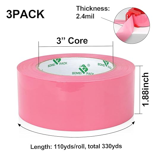 BOMEI PACK Pink Packing Tape with Dispenser, 2.4 Mil 1.88 Inch x 110 Yards, 3 Refills Rolls Color Box Tape for Moving, Shipping and Packaging