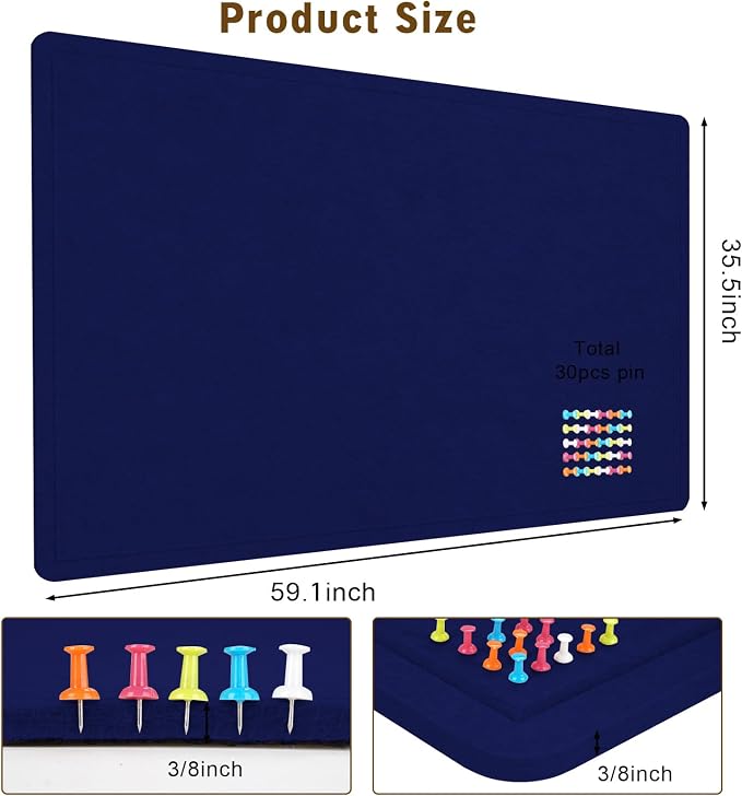 Large Bulletin Board 60" x 36" Felt Cork Board - Decor Pin Board, Dark Blue | Cork Board Alternative for Wall, Foldable Self-Adhesive Vision Board Prayer Board with Pushpins for Home Office Classroom