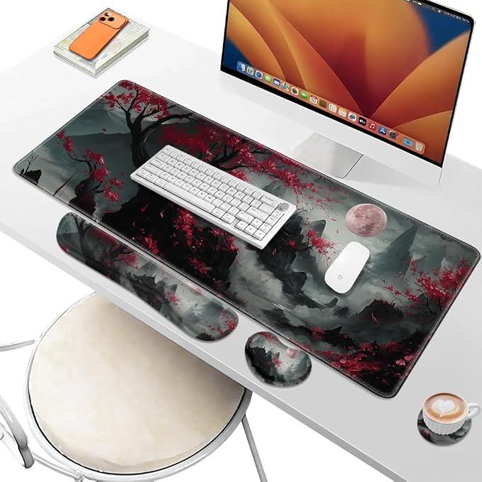 Desk Pad and Keyboard Wrist Rest,Janpense Large Mouse Pad + Keyboard Pad+Mouse Wrist Support, Non-Slip Desk Mat Protector for Office, Home 31.5×11.8 Inches Cherry Blossom
