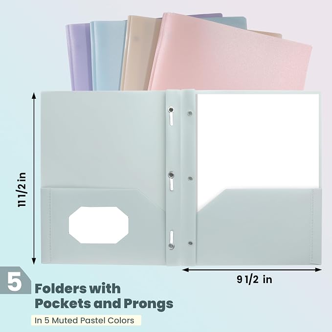 GNL Plastic Folders with Pockets and Prong, Pack of 10, Muted Pastel Colors, Heavy Duty 2 Pocket File Folders Letter Size, Folders with Prongs for School, Home, and Office
