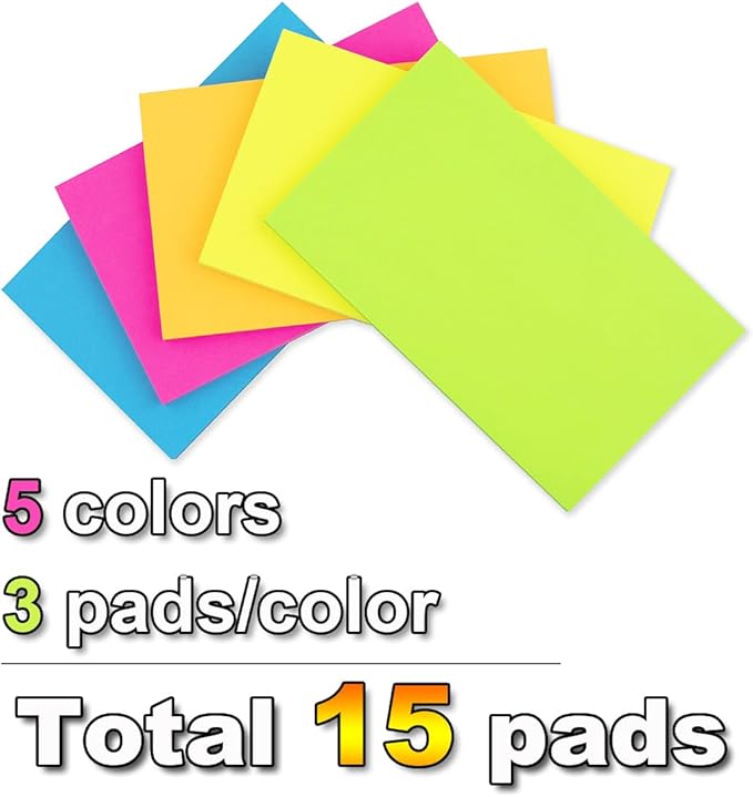 (15 Pads) Sticky Notes 3x5 in,Bright Notepads,Colorful Stickies,Super Sticking Power Memo Note Pads,Strong Adhesive,Post on Windows Doors,Office School,Recyclable,Easy to Write on,Hold Well
