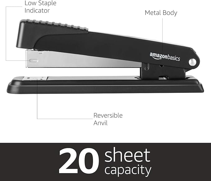 Amazon Basics Full-Strip Desktop Stapler, 20 Sheet Capacity, Non-Slip, Black, 12-Pack