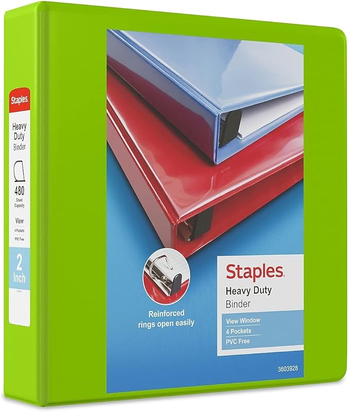 Staples Heavy-Duty 2-Inch D-Ring View Binder, Reinforced Spine, Holds Up to 450 Sheets, Chartreuse, for Office & School