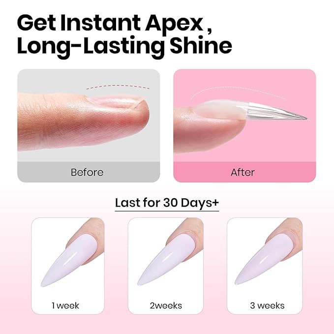 Beetles Tipex Instant Apex Nail Tips Kit with Dehydrator & Primer, Long Stiletto, 224PCS 16 Sizes, Reinforced Apex for Strong Long-Lasting Wear, 20g Solid Nail Glue, Mini UV Lamp, Base & Top Coat