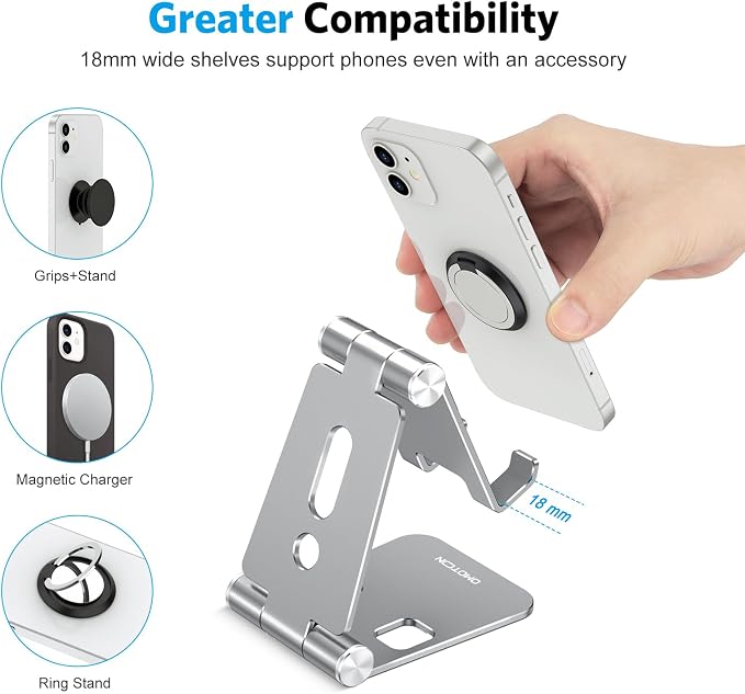 OMOTON Foldable Cell Phone Stand, C4 Portable Aluminum Phone Holder | Adjustable Phone Dock Cradle Compatible with iPhone 16/15/14 Pro Max, Samsung Galaxy, Small Tablets and Other Phones, Grey