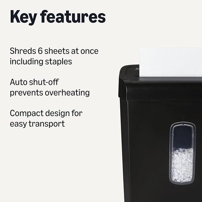 Amazon Basics 6-Sheet Cross-Cut Paper Shredder and Credit Card Shredder, 3.7 Gallon, Black
