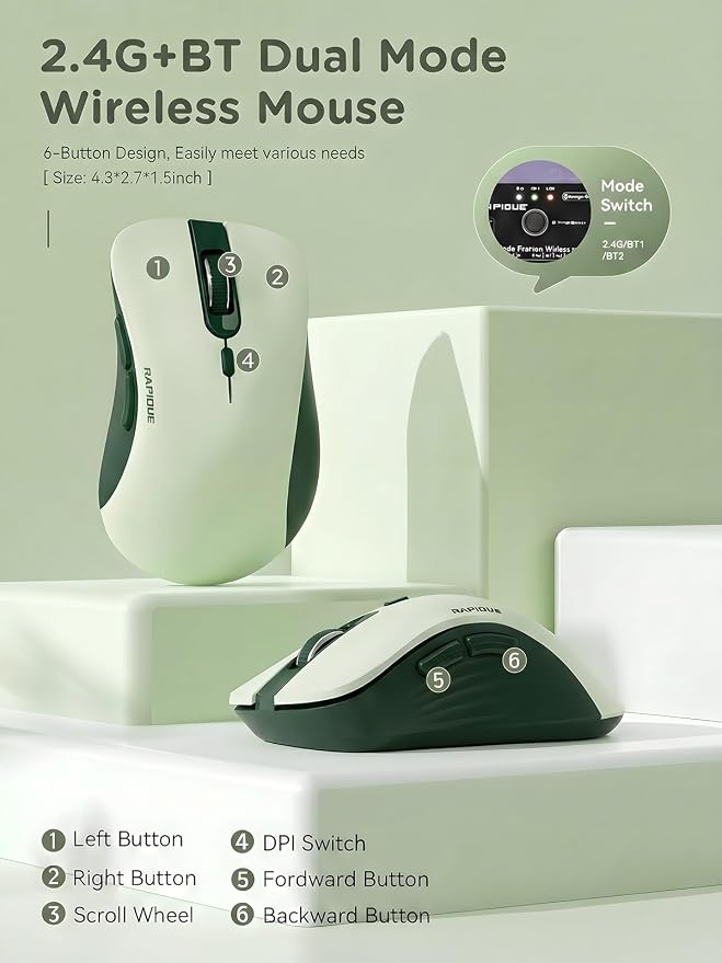 RAPIQUE Bluetooth Wireless Mouse, Dual Bluetooth & 2.4GHz, Avocado Green | Quiet Clicks, Right-Hand Ergonomic 6 Button, Adjustable DPI, 3-Device Switching, USB Receiver for Laptop, PC, Mac, Tablet