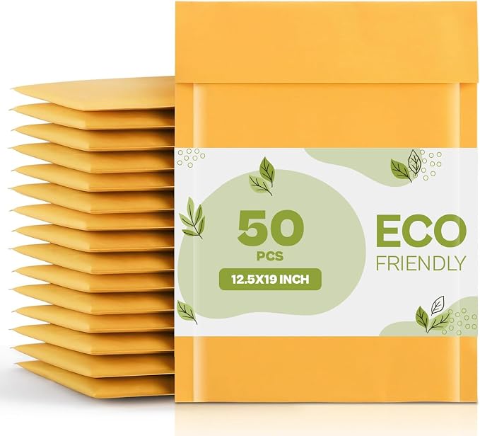 PSBM #6 50 PCS 12.5 x 19 Inch Kraft Bubble Mailers, Yellow Padded Envelopes, Self-Sealing Peel-Off Strip, Ideal for Shipping CD, DVD, Jewelry, Photos, Magazine, Books, Clothes and More