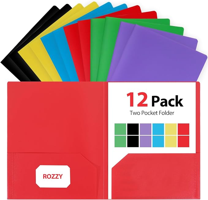 Plastic Folders with Pockets, 2 Pocket, Letter Size | 8.5x11 Paper, Business Card Slot, Black to School Supplies, For Kids / Students / Teachers, Office Organization