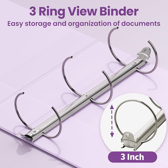 SUNEE 3 Ring Binder 1 Inch 2 Pack, Clear View Binder Three Ring PVC-Free (Fit 8.5x11 Inches) for School or Office Supplies, Purple