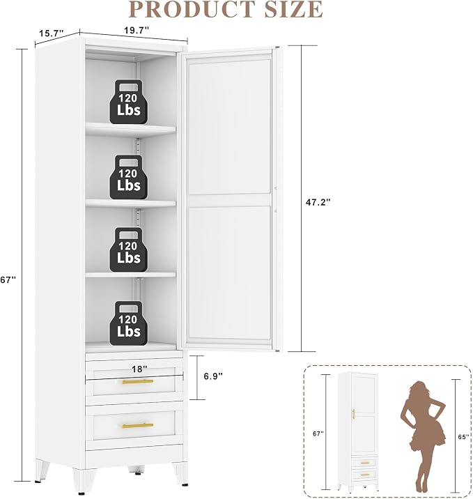 Metal Tall Narrow Storage Cabinet,Freestanding Floor Cabinet with 2 Drawers and 3 Adjustable Shelves,Pantry Storage Cabinets for Bathroom,Living Room,Entryway and Kitchen,White