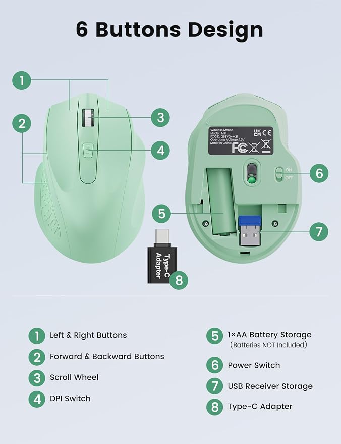 Green Wireless Mouse for Laptop, 2.4GHz Computer Mouse with USB-A Port &USB-C Adapter, Office Cordless Mice with 6 Buttons & 3 Level DPI for Small to Medium Hands, Work with PC, Desktop, Tablet - M21