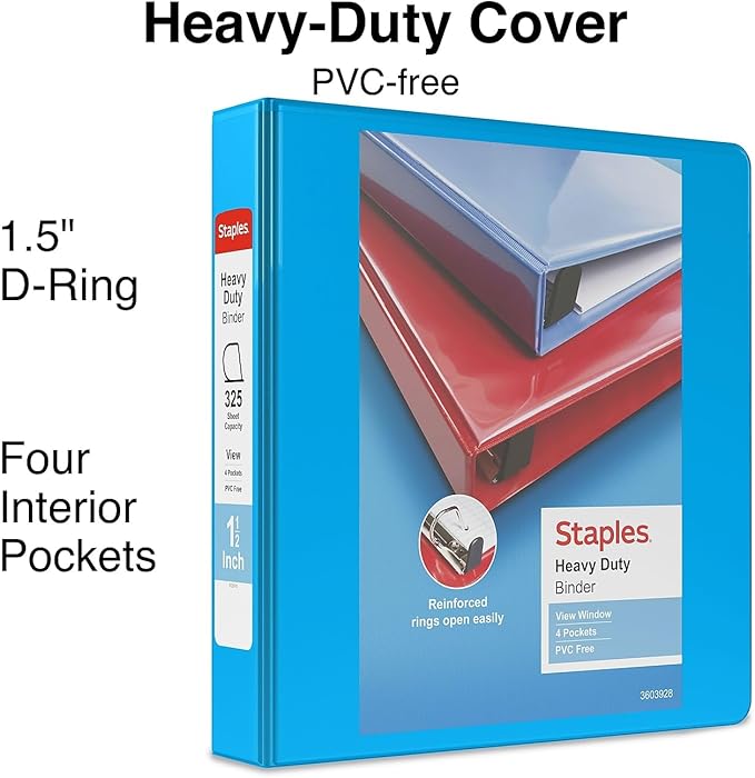 Staples Heavy-Duty 1.5-Inch D-Ring View Binder, Reinforced Spine, Holds Up to 350 Sheets, Light Blue, for Office & School