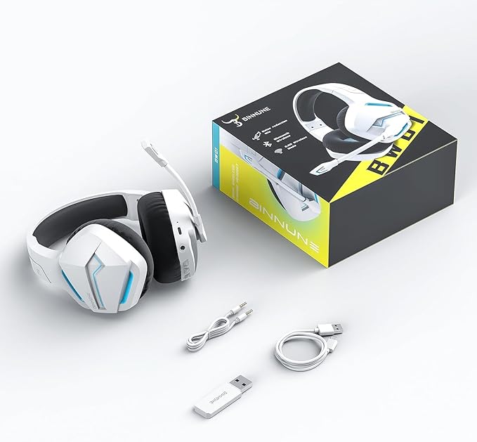 BINNUNE Wireless Gaming Headset for PS5 PC, 120H Ultra-Long Battery, 2.4GHz & Bluetooth 5.3 Wireless Headphones with Noise Canceling Mic, 50mm Drivers, Comfort Over Ear Gaming Headphones,White