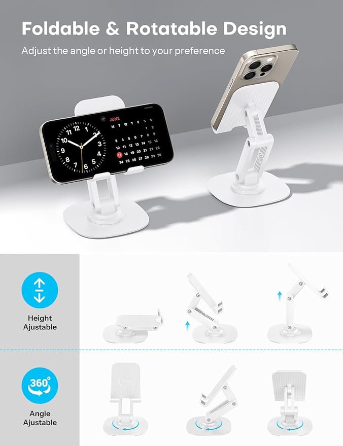 OMOTON Cell Phone Stand for Desk, 2 Pack Adjustable Foldable Phone Holder, 360 Swivel Mobile Stand Fit for iPhone 17 16 15 14 13 Pro Max and All Smart Phones, White & White