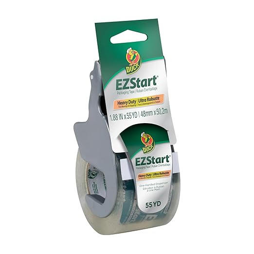 Duck EZ Start Clear Packing Tape with One-Handed Dispenser - Quiet Easy Start Packaging Tape for Boxes, Shipping, Moving & Storage - 1.88 Inch x 55 Yards (1259457)