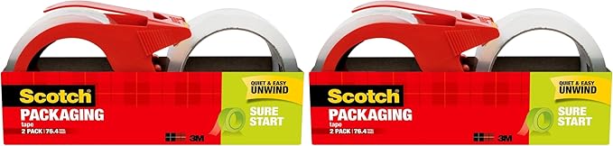 Scotch Sure Start Packaging Tape, 1.88 x 38.2 yd, Designed for Packing, Shipping and Mailing, Smooth and Quiet Unwind, 3" Core, Clear, 2 Rolls w/1 Dispenser (3450S-2-1RD) (Pack of 2)
