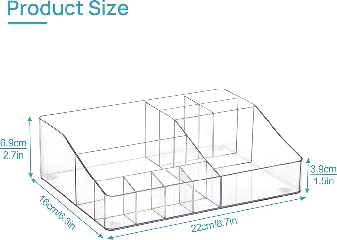 Vtopmart Clear Plastic Devided Makeup Organizer Tray | Cosmetic Storage, For Dresser Countertop and Bathroom Vanity, Beauty Holder for Lipstick Brush Skincare