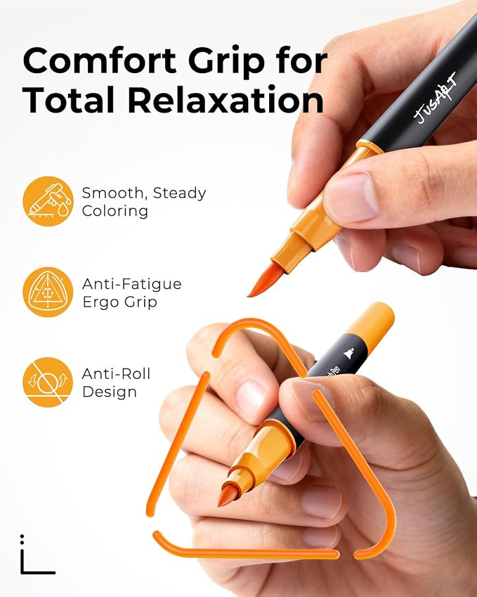 JusArt Markers for Adult Coloring Books No Bleeding 80 Colors | Dual Tip, Triangle Grip, Fine & Brush Tips, Water-Based, 33% More Ink, With 200gsm Coloring Book, Storage Case, 6 Spare Tips