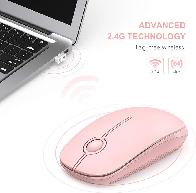 VssoPlor Wireless Mouse, 2.4G Slim Computer Laptop Mouse, Pure Pink | Portable Mouse, Plug & Play USB Nano Receiver, Quiet Silent Optical Mice for Notebook, PC, Laptop, Computer, Windows, Mac