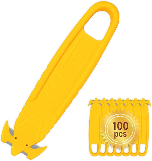 Safety Box Cutter, T TOVIA 100 Pcs Safety Utility Cutter of Stainless Steel Blade Package Opener with Tape Splitter for Cartons, Cardboard, Wrap, Straps, Film (100 PCS- Yellow)
