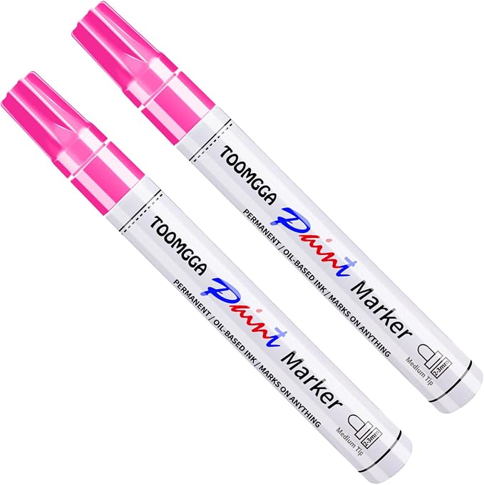 TOOMGGA 2 Pink Paint Pens Permanent Paint Markers, Oil Based Medium Tip | Marking Pens, Quick Drying, Waterproof, Fade-resistant, for Rock Painting, Car Tyre, Metal, Plastic, Canvas, Mugs, Wood