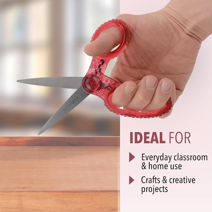 Westcott GEM Crystal-Design Scissors for Kids Ages 12+ - Back to School Essentials and Classroom Supplies - 7-Inch Pointed Student Scissors - for Right- or Left-Handed Use - Pink - 1 Pack