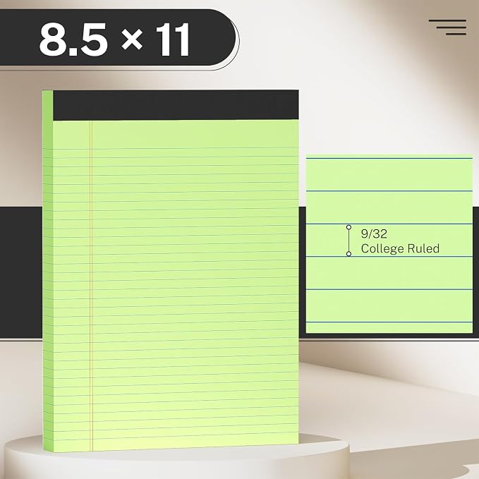 AILZFEI 300 Sheets Green Legal Pads 8.5 x 11 College Ruled Paper 6-Pack Note Pads Narrow Ruled 50 Sheets per Notepad Perforated Writing Pad Durable Sturdy Back 8x11 Pads of Paper