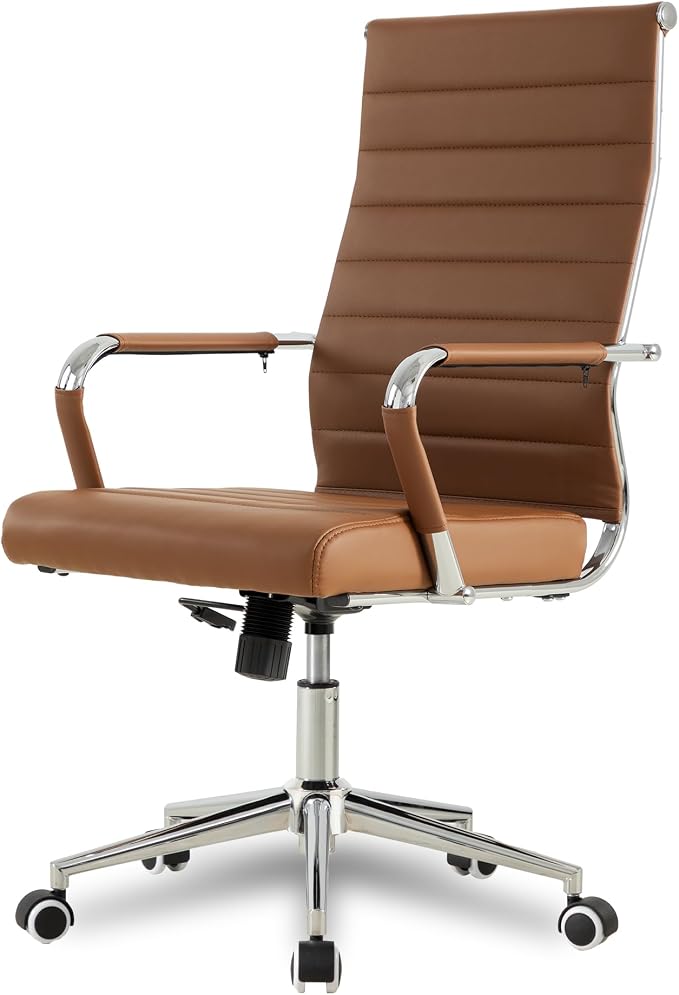 Okeysen Office Desk Chair, Ergonomic Leather Modern Conference Room Chairs, Executive Ribbed Height Adjustable Swivel Rolling Chair for Home Office Set of 1. (Brown)